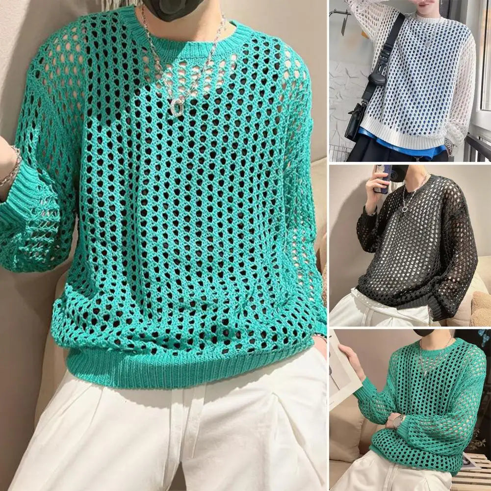 Comfortable Men Shirt Men's Hip Hop Mesh Fishnet Clubwear Top Solid Color Round Neck Long Sleeve See-through Pullover for Men