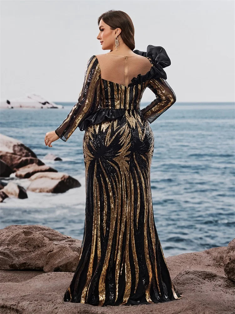 Elegant plus size mermaid evening gown with ruffled sequins, long sleeves, and a formal design for wedding or party occasions.