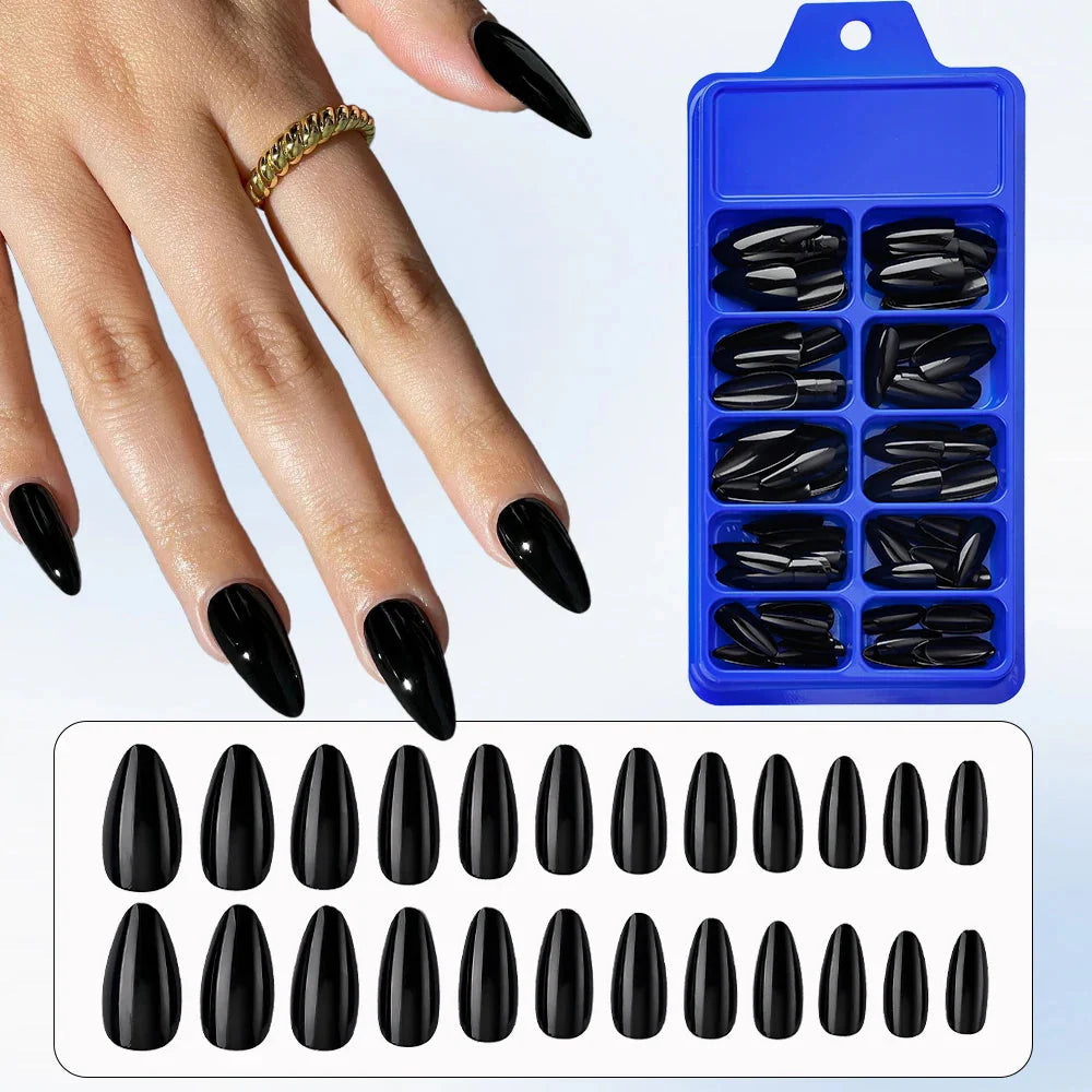 Black matte almond press-on nails by MAFANAILS, medium acrylic tips, shown on a hand with neatly shaped nails.