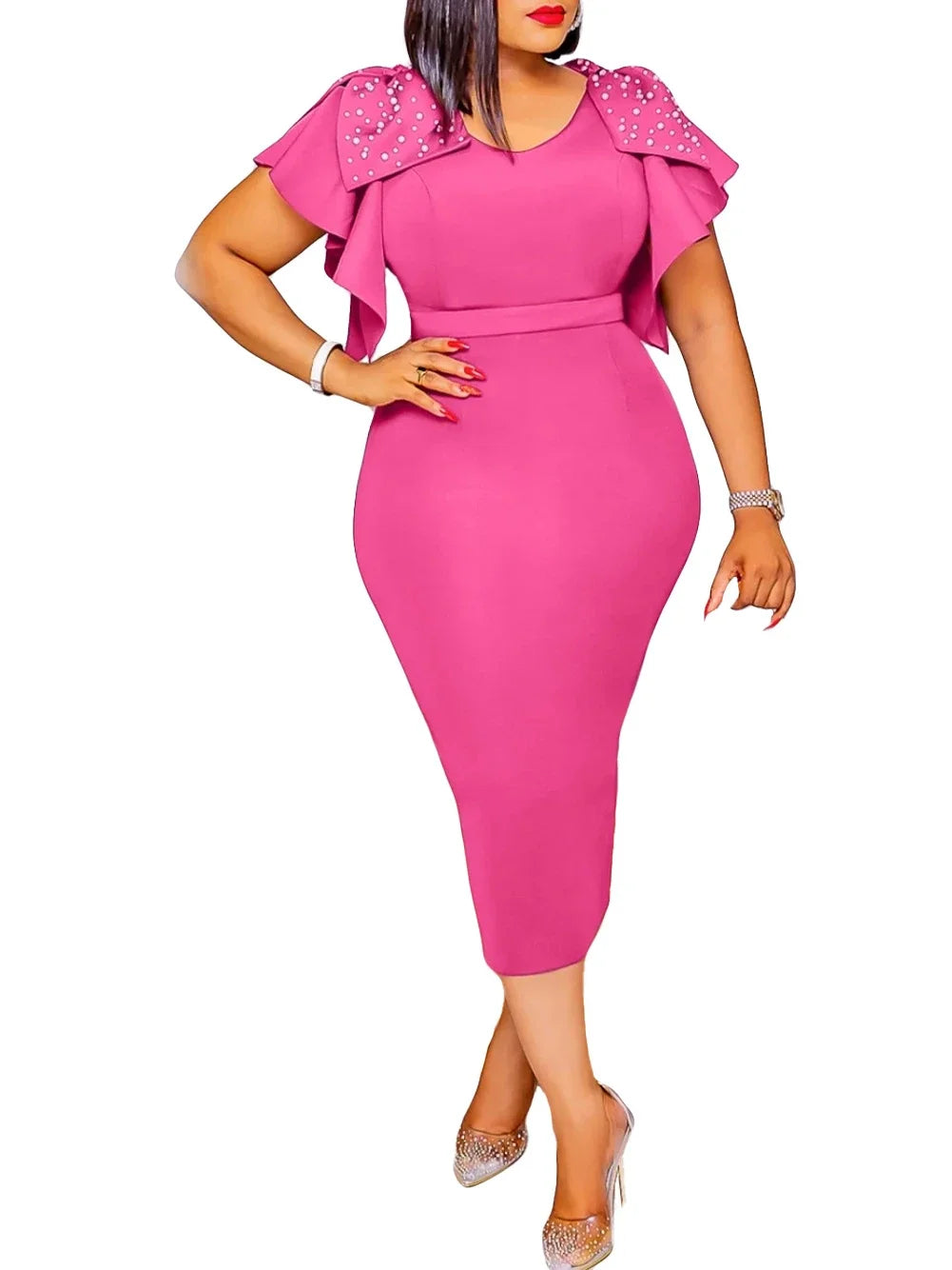 Women Party Dress Bodycon Short Ruffles Sleeves with Bows High Waist African Female Package Hips Celebrate Elegant Ladies Gowns