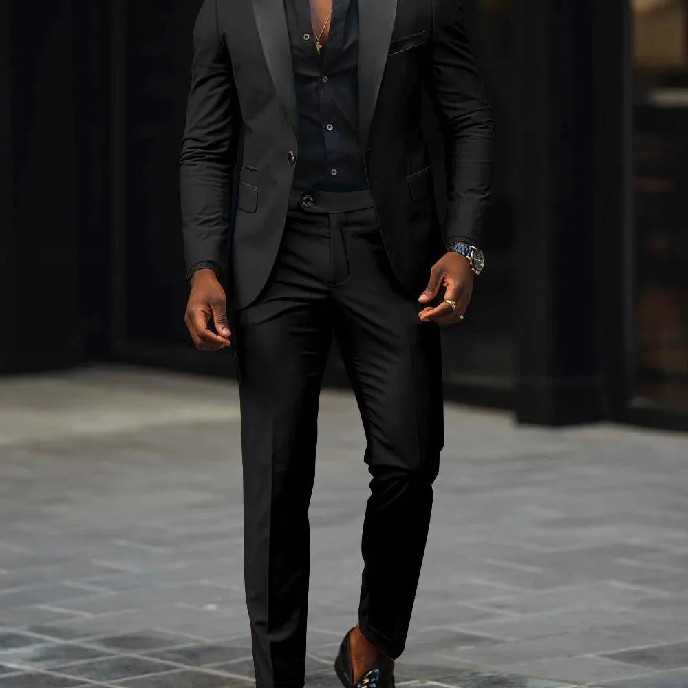 Naupang Men's Slim Fit 2-Piece Business Suit with single button side slit, shown in dark fabric, tailored for a sharp professional look.