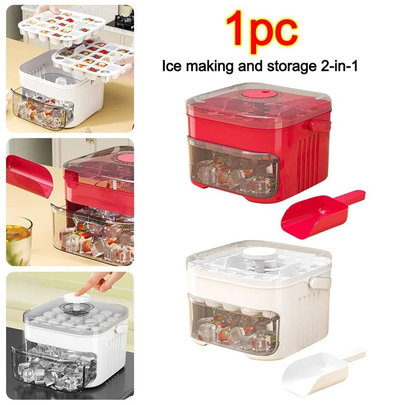 Showlu Smart Mini Portable Ice Cube Machine with 50-grid plastic ice box, compact and convenient for home or travel use.