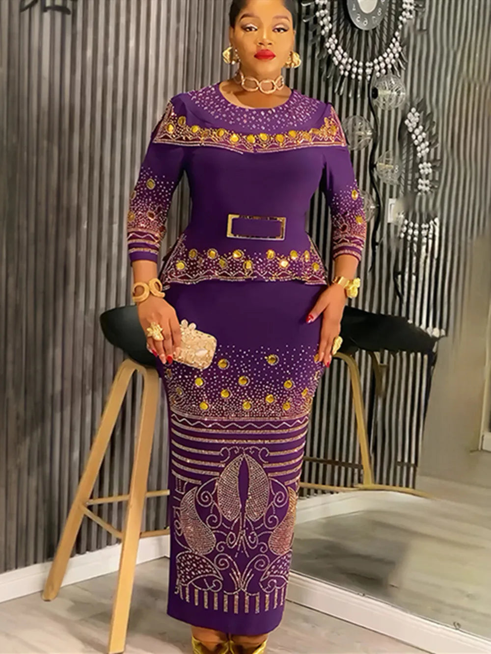 Plus size African party dress by Showlu Fashion, long dashiki maxi gown with diamond accents, suitable for wedding and evening events