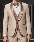 Elegant men's tuxedo suit with shawl lapel, single-breasted blazer, vest, and pants, ideal for wedding or formal events.