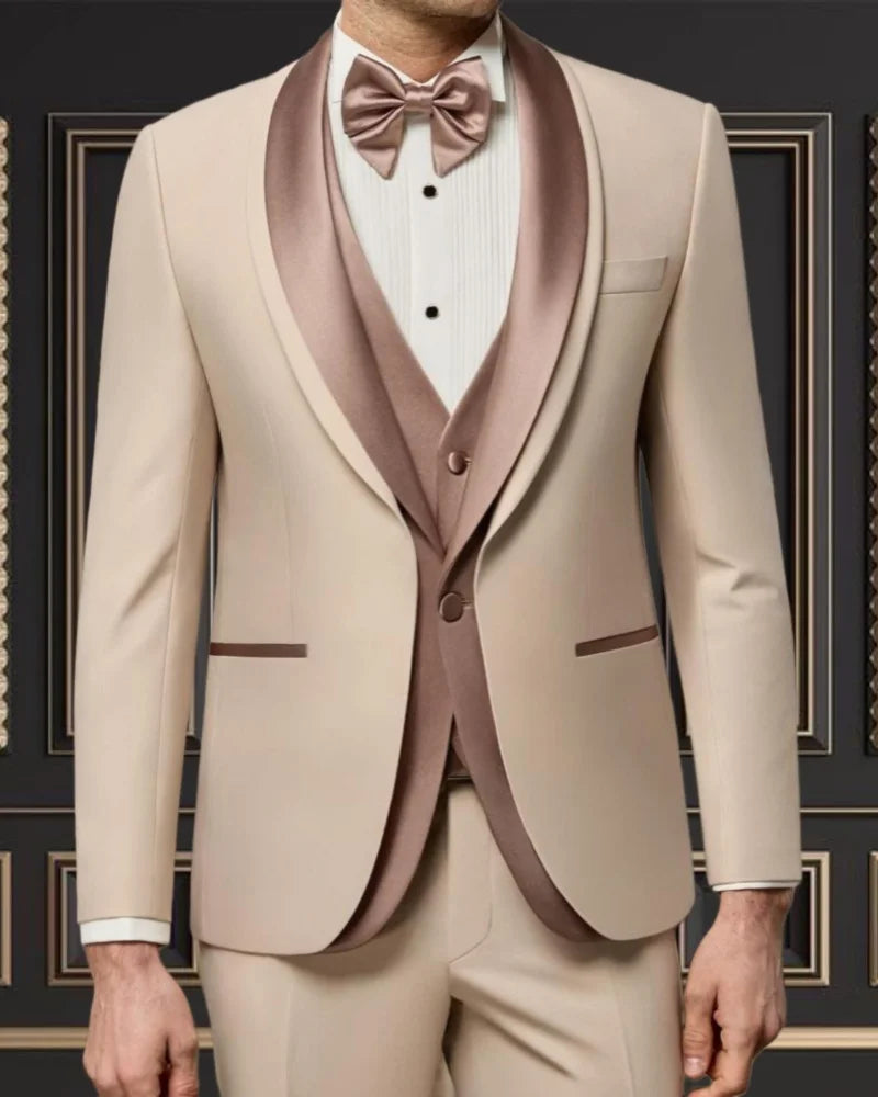 Elegant men's tuxedo suit with shawl lapel, single-breasted blazer, vest, and pants, ideal for wedding or formal events.