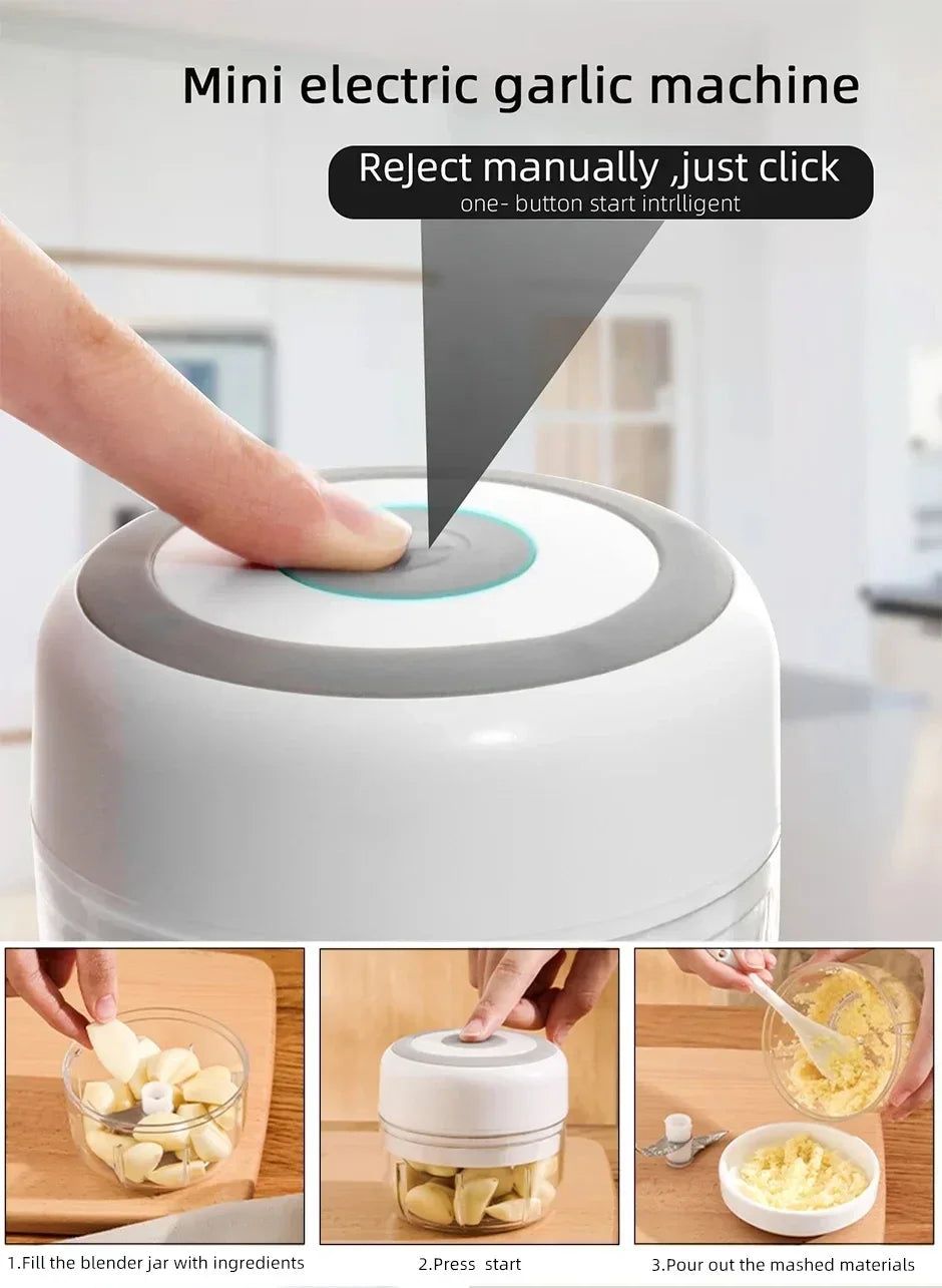 Showlu Smart General mini electric garlic grinder with stainless steel body and clear container, ready for grinding garlic cloves.