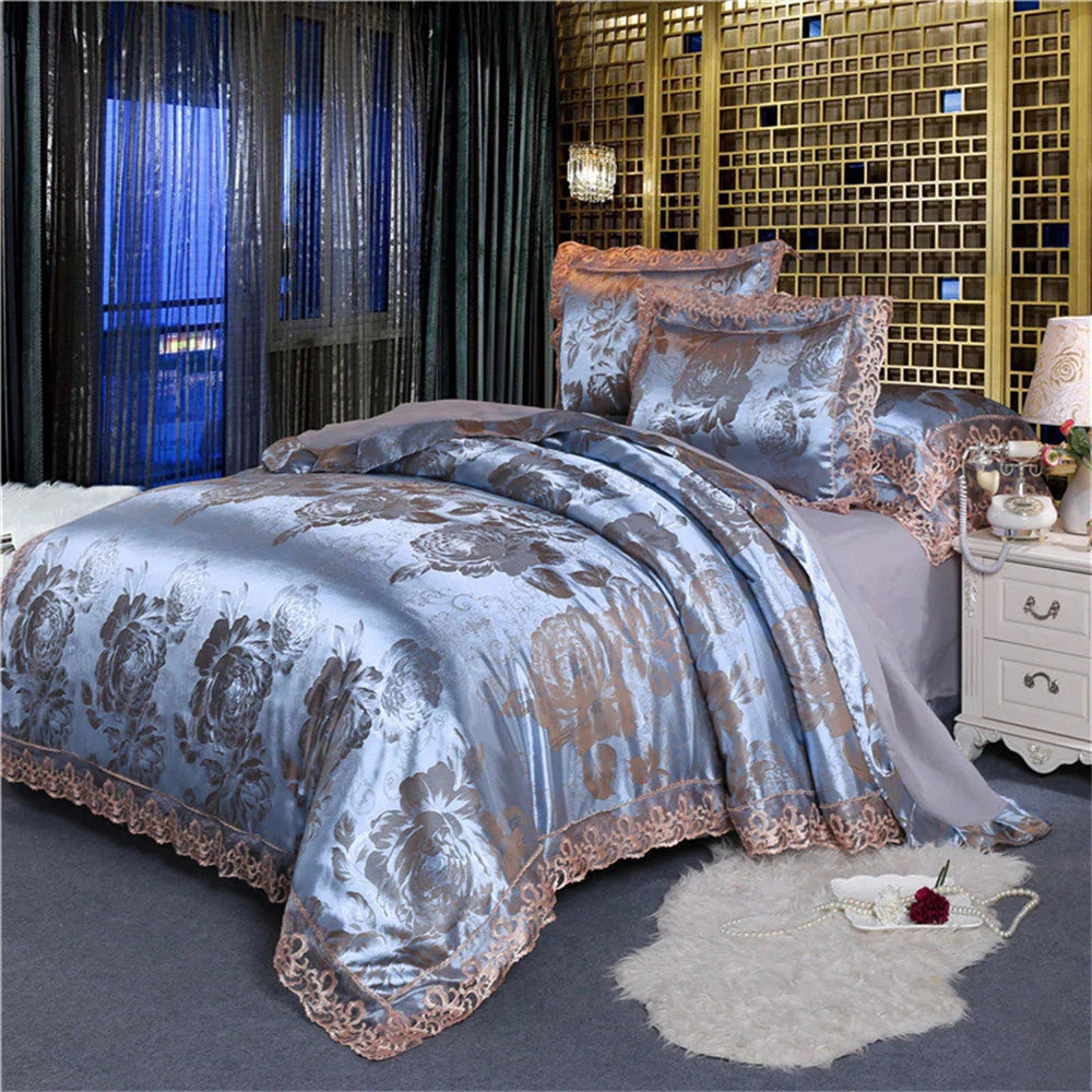 Nordic satin jacquard duvet cover set with luxury floral pattern, soft bedding from SHOWLU FASHION STORE, elegant flower bedding design.