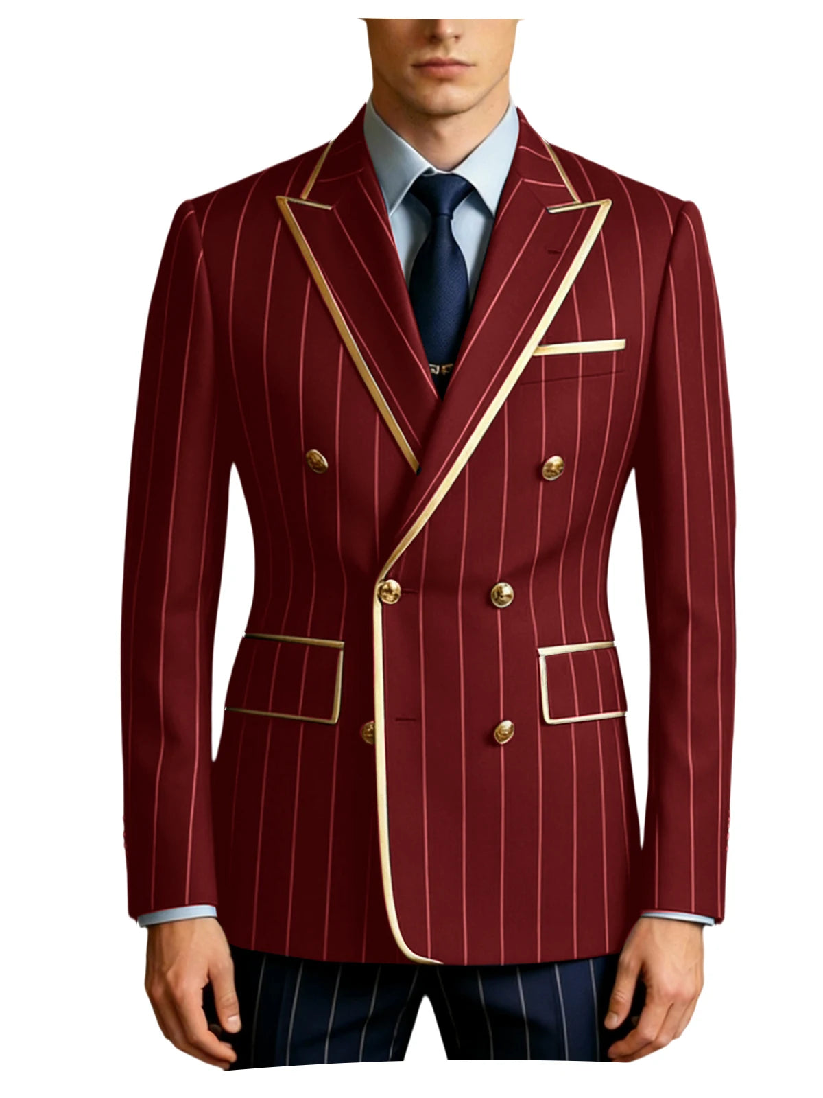 Men's Pinstripe Blazer Double Breasted Gold Trim Slim Fit Suit Jacket Peak Lapel Business Formal Tuxedo Coat for Wedding Prom