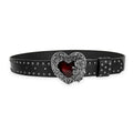 Red heart Gothic unisex jeans belt with rivets, Y2K fashion style, black designer accessory for women and men.