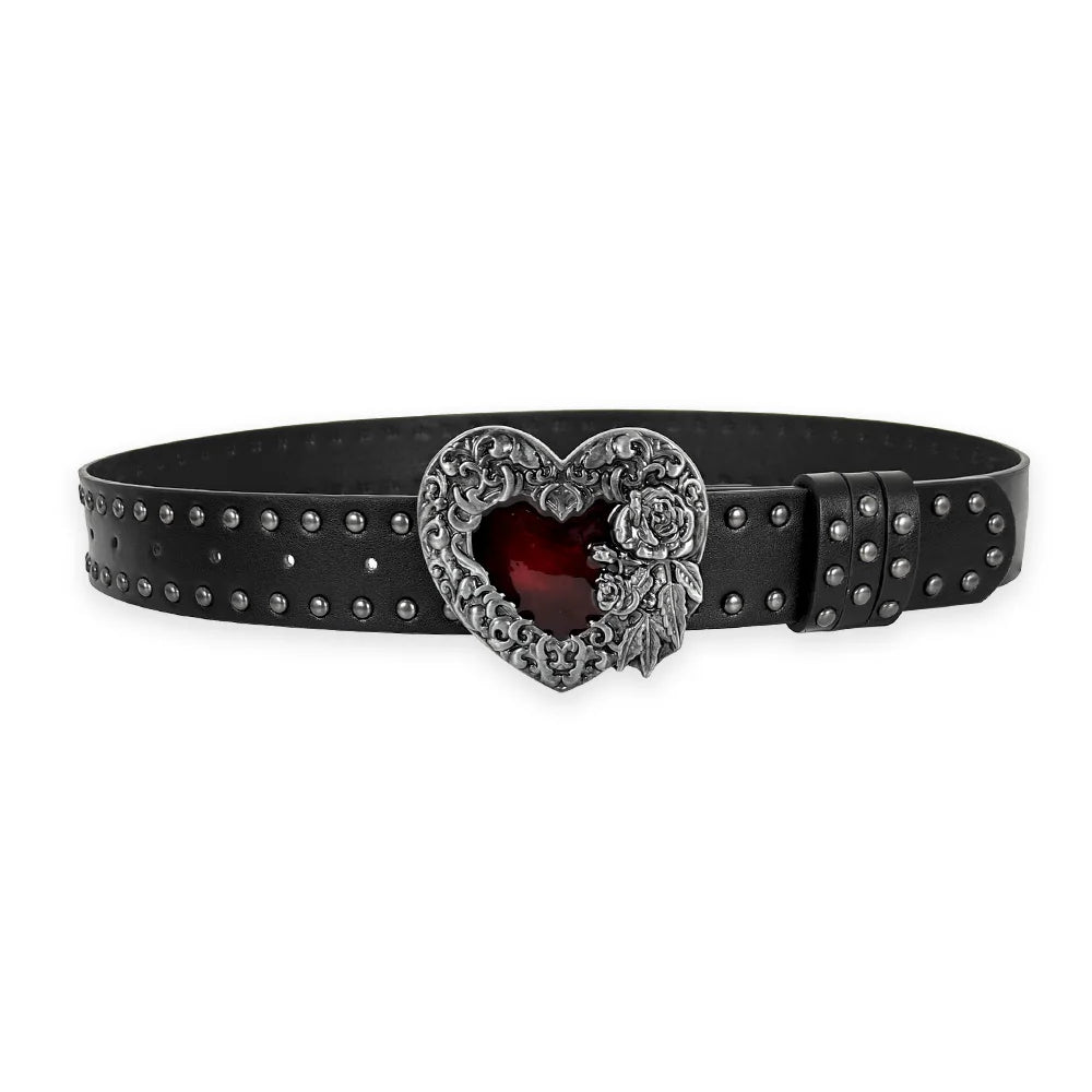 Red heart Gothic unisex jeans belt with rivets, Y2K fashion style, black designer accessory for women and men.