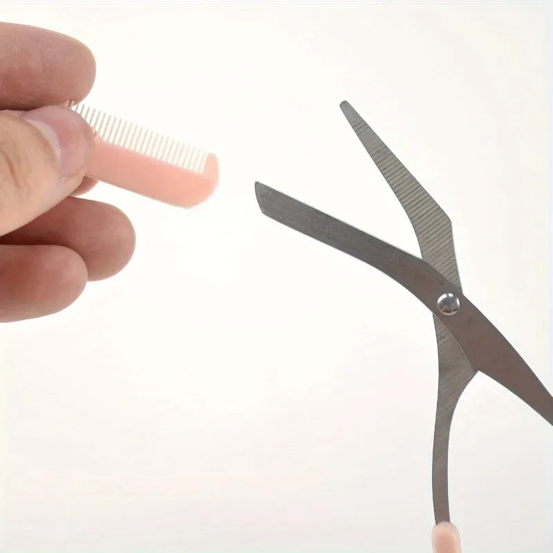 Pink stainless steel eyebrow trimming scissors with built-in comb for precise grooming and shaping of eyebrows.