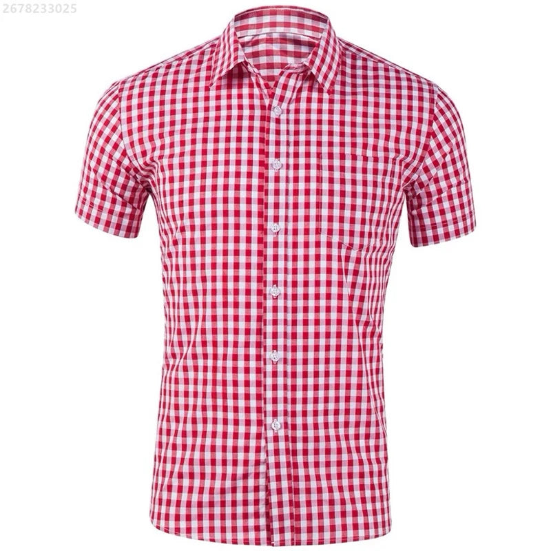 Men's short-sleeved Hawaiian-style plaid shirt in red and blue with lapel, casual breathable fabric, available in XS-6XL.