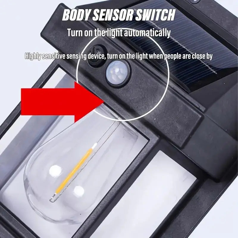 Showlu Smart General solar motion sensor outdoor wall light mounted on exterior wall, with solar panel and LED illumination visible.