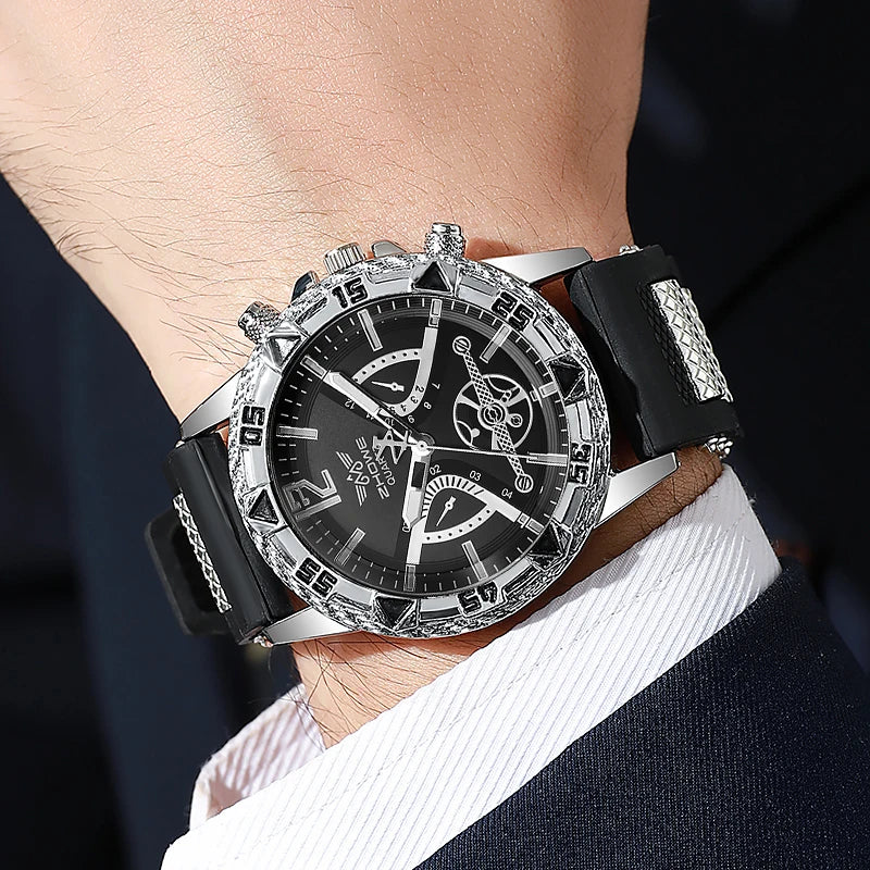 Four fashion Arabic dial men's quartz wristwatches with silicone straps and matching necklace set, casual business style.