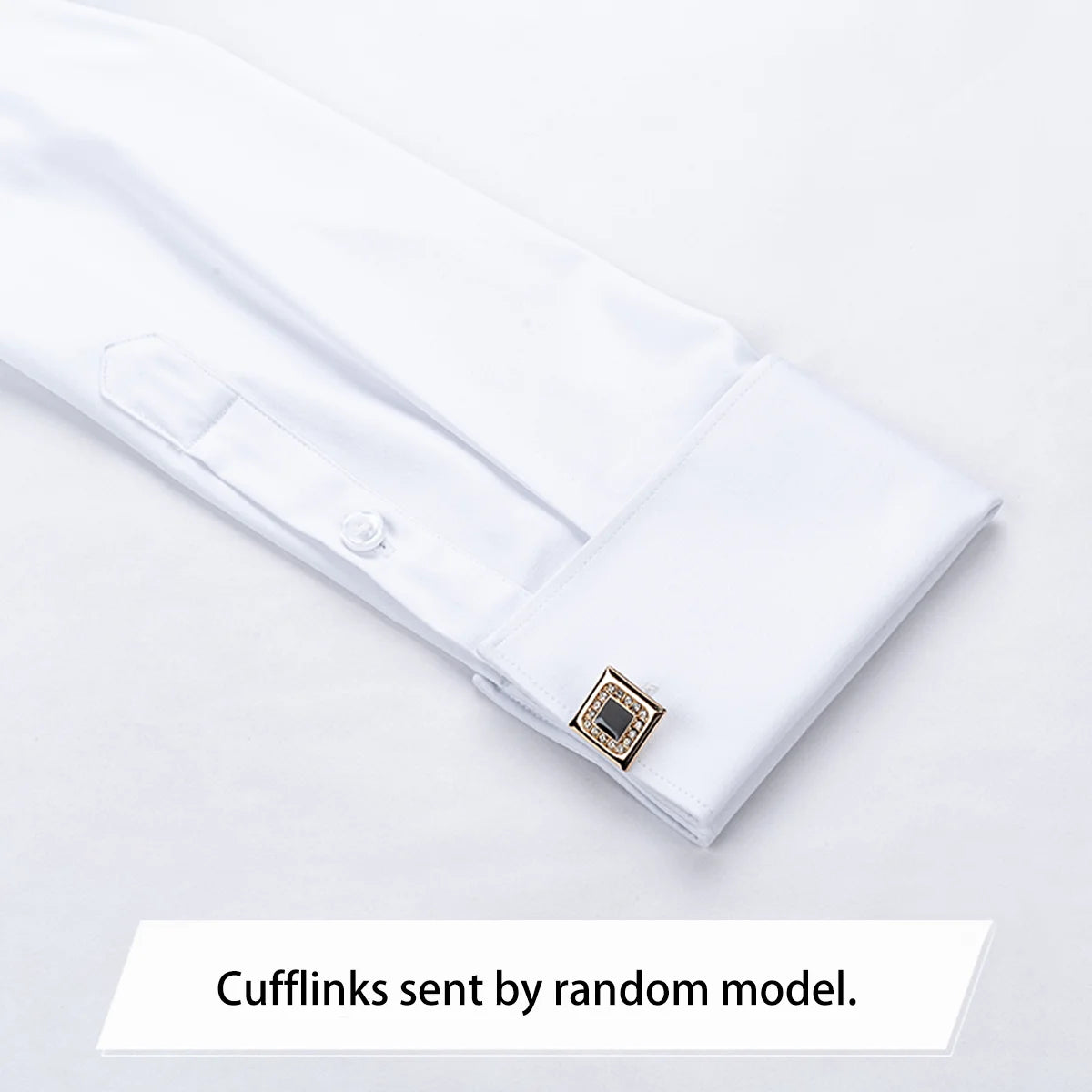 White and black men's premium pin collar dress shirts with French cuffs, stylish for business, formal events, parties, or weddings.