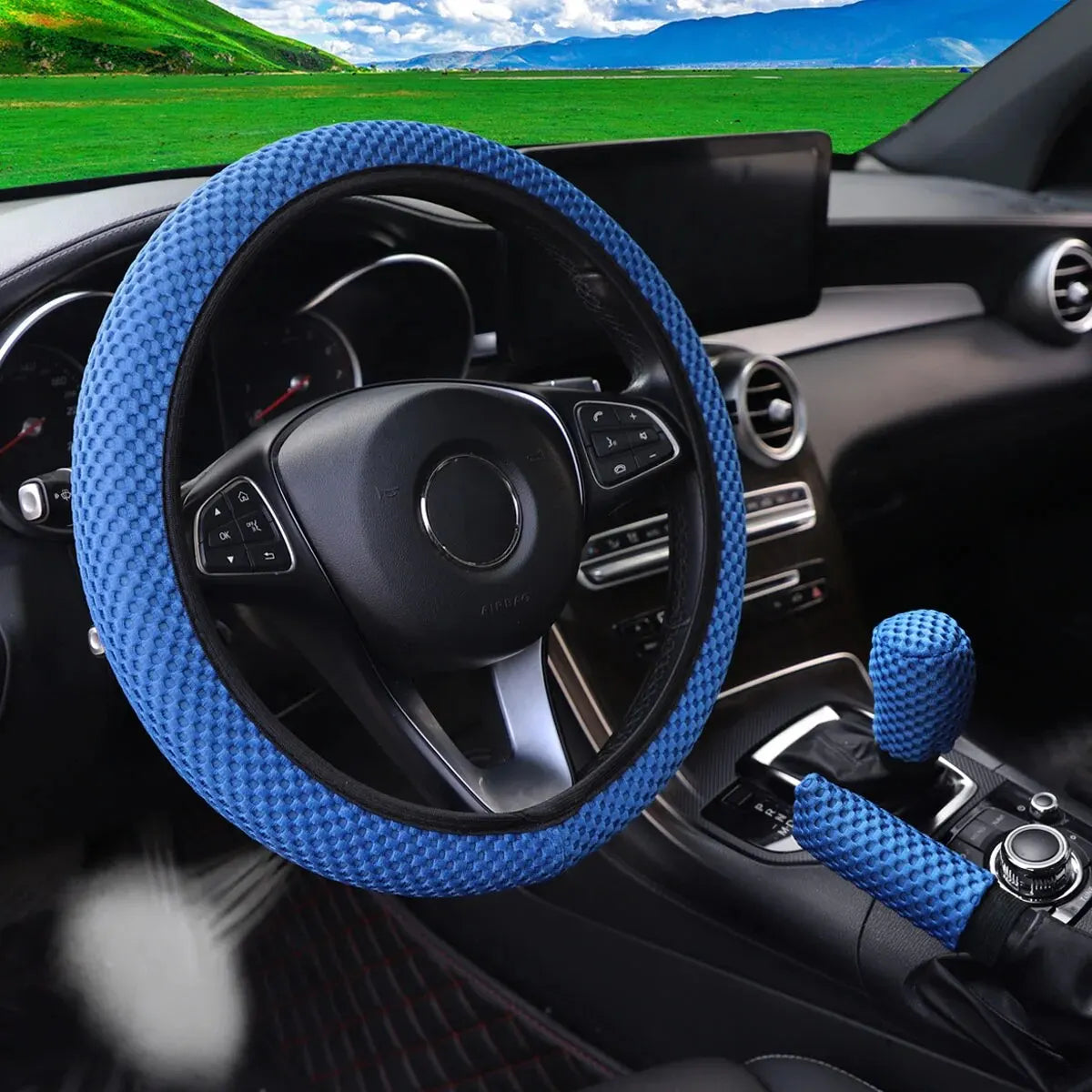 Showlu Fashion Store 3-piece massage mesh cloth for 14.5-15 inch car steering wheel, handbrake, and handle covers, breathable and soft.