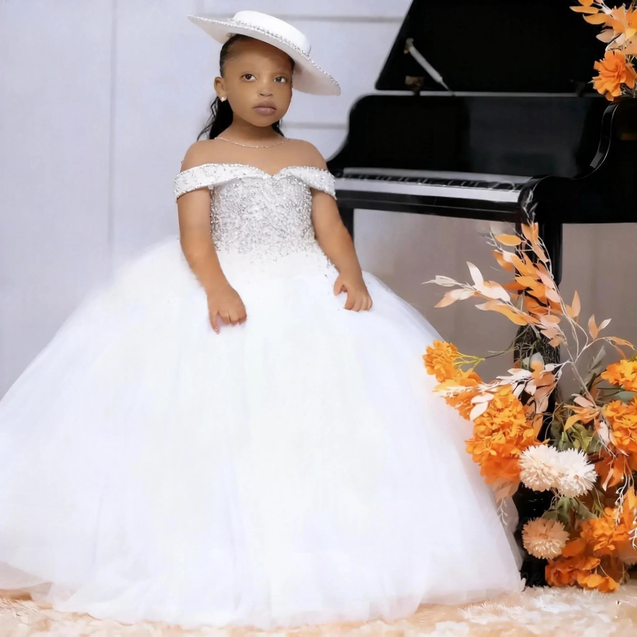 Custom Orange Off Shoulder Beaded Tulle Flower Girl Dress First Christmas Wedding Party Princess Gown فساتين اطفال س