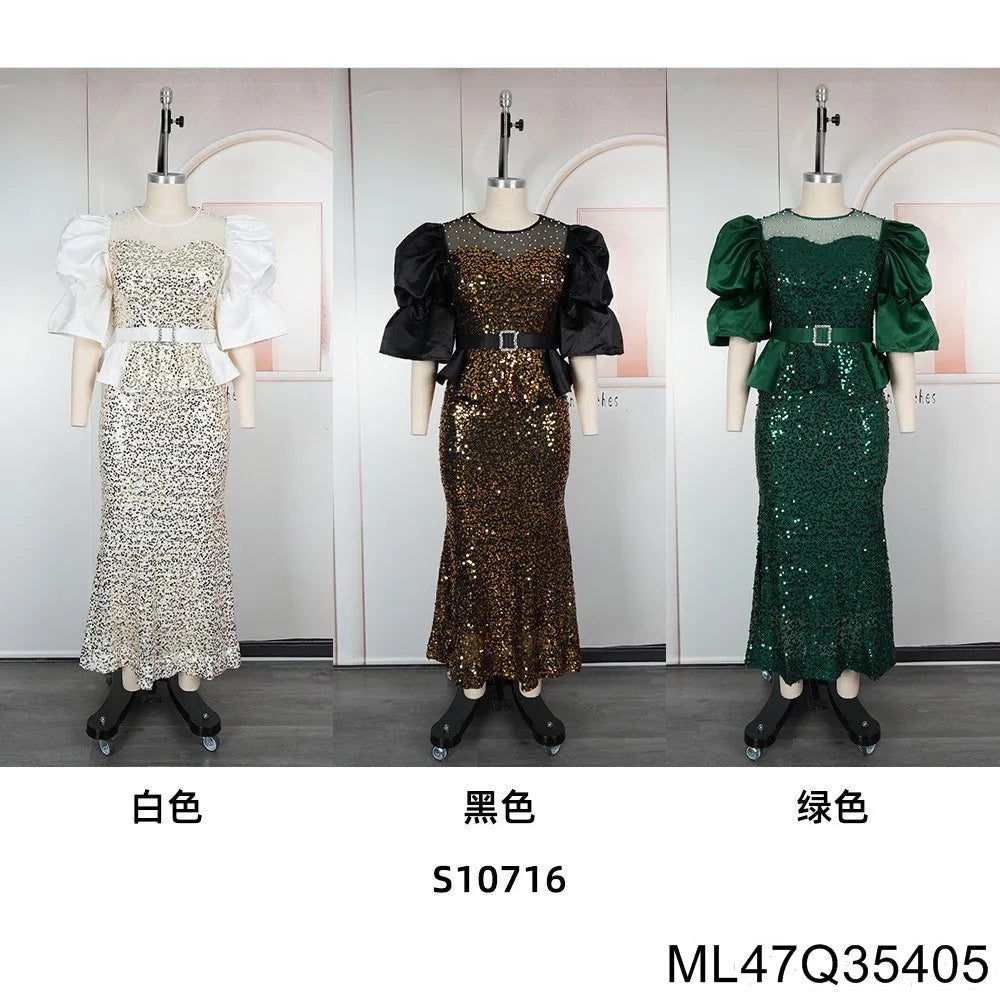 Plus size high-waisted fishtail evening dress with heavy sequins, ideal for parties, featuring a glamorous, fitted silhouette.