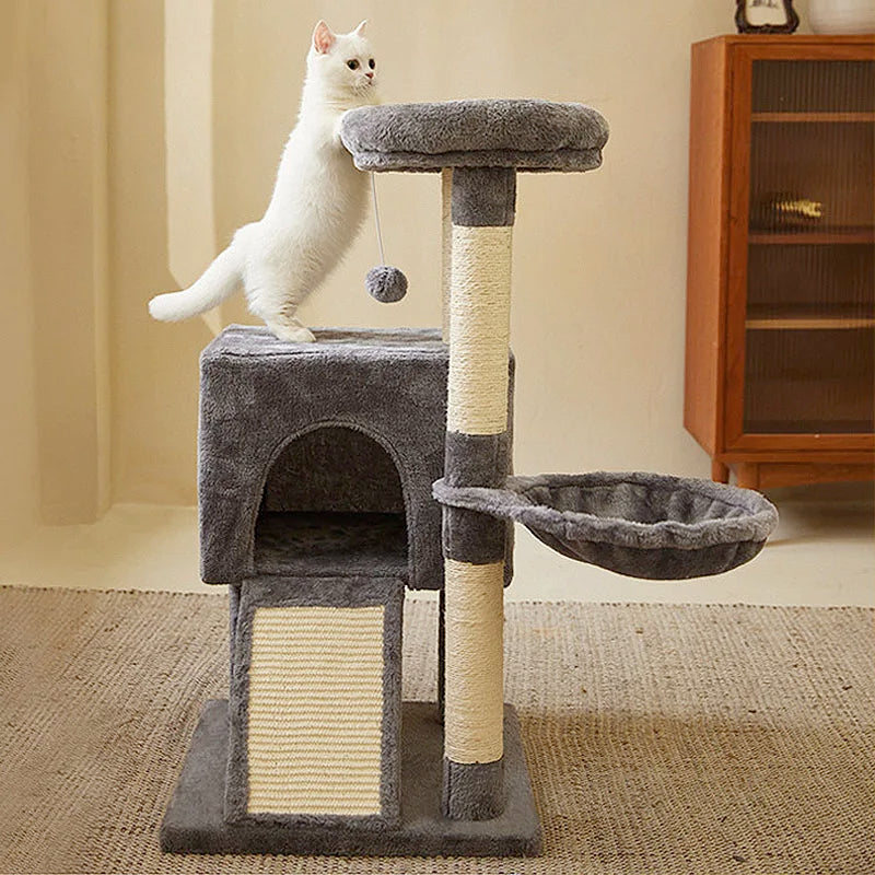 Showlu 3-Tier Wood Cat Tree Tower with double condos and sisal posts, ideal for climbing and scratching.