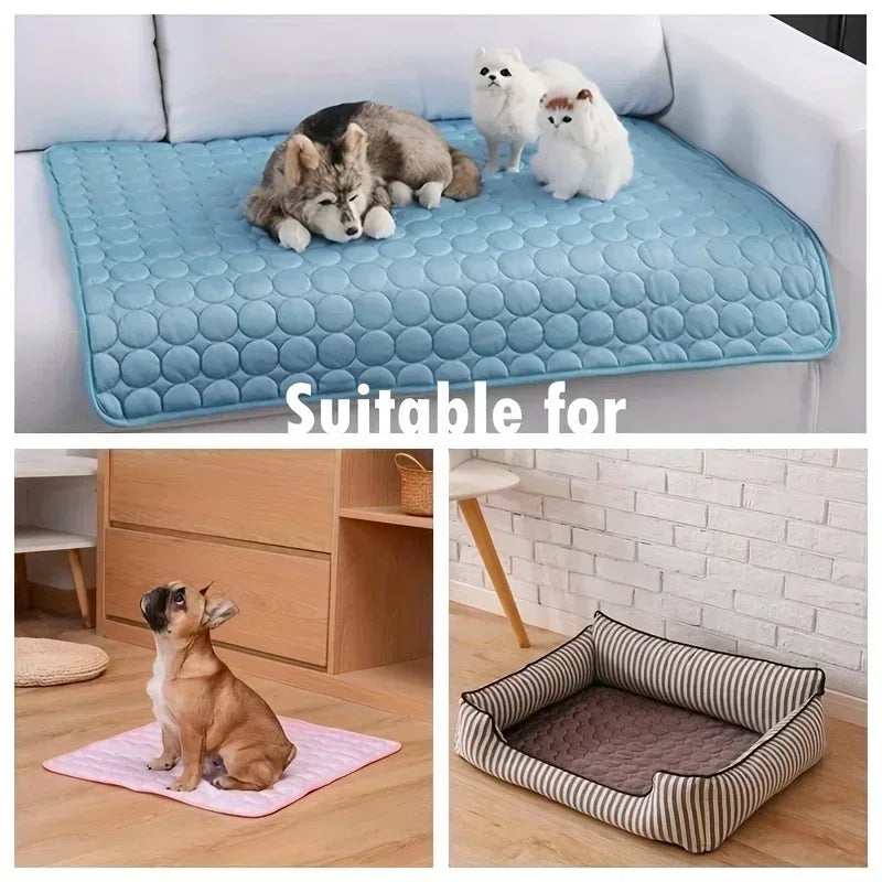 Breathable summer pet ice pad cooling dog and cat bed with washable, durable ice silk cushion for outdoor and indoor use.