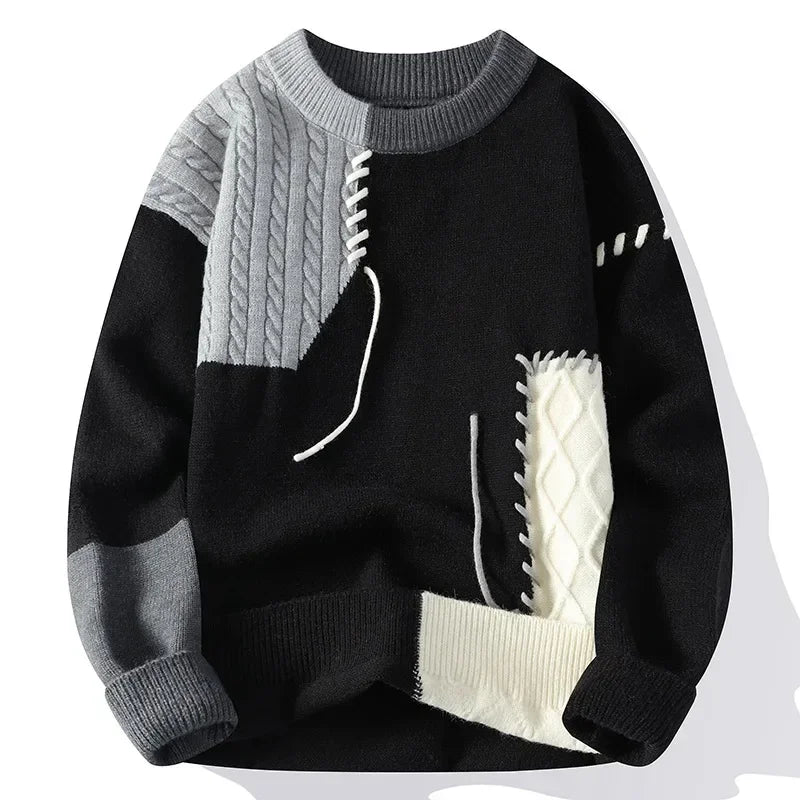 Men's knitted patchwork sweater with long sleeves, O-neck design, spliced wool blend, casual style from Showlu Fashion.