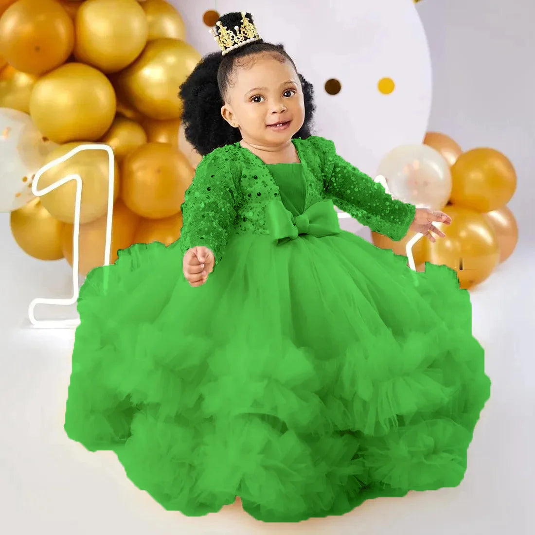 Baby girl flower girl dress by Showlu Fashion with sequins, full sleeves, floor length, ideal for weddings, photos, and first communions.