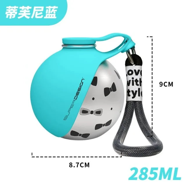 Showlu stainless steel dog water bottle with foldable silicone bowl for easy hydration during walks.