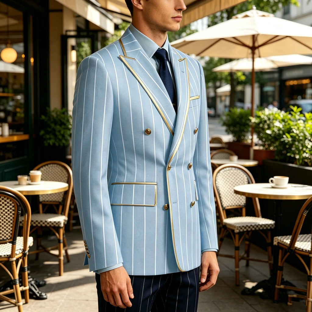 Men's Pinstripe Blazer Double Breasted Gold Trim Slim Fit Suit Jacket Peak Lapel Business Formal Tuxedo Coat for Wedding Prom