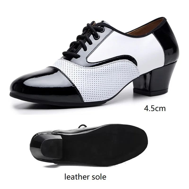 Men's modern dance shoes by Showlu Fashion, with soft leather, breathable design, suitable for Latin, jazz, and formal dance performances.