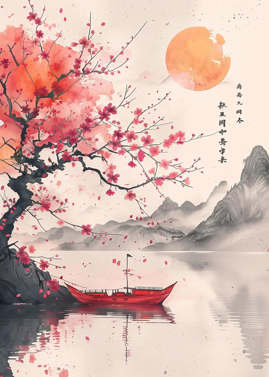 Japanese landscape art poster featuring samurai, geisha, bonsai, torii gate, sakura, and traditional scene for home decor.