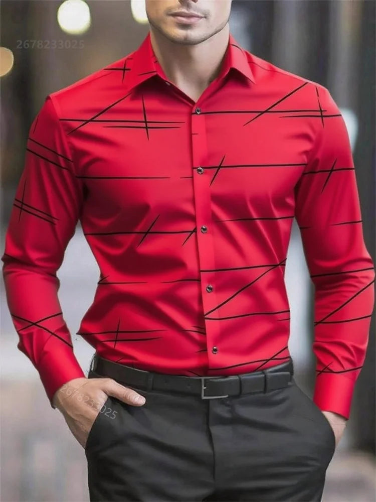 Men's casual long-sleeved shirt with geometric 3D print, lapel collar, large size, from Showlu Fashion Store.