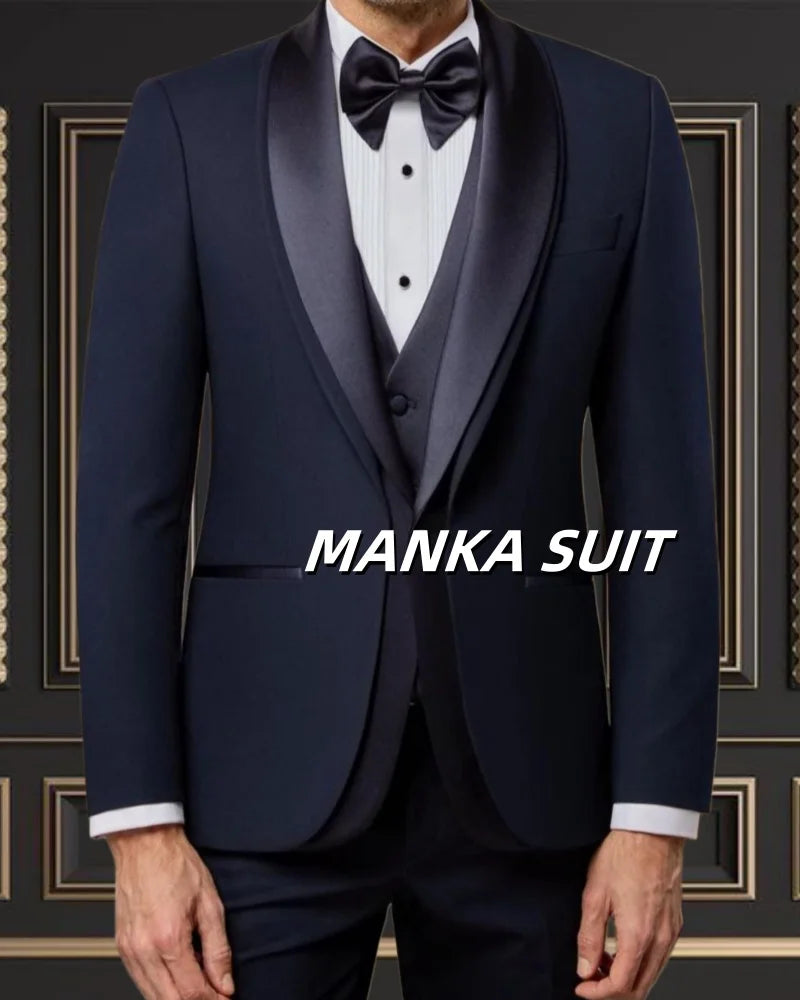 Elegant men's tuxedo suit with shawl lapel, single breasted blazer, vest, and pants, perfect for formal wedding or party occasions.