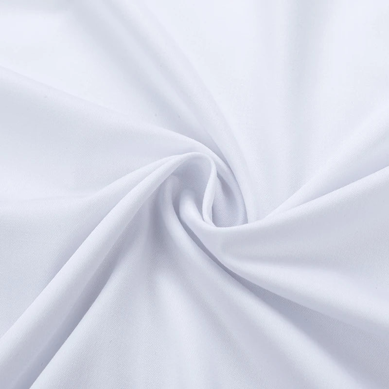 Embroidered French cufflinks on a men's long-sleeve dress shirt with collar pins, suitable for business formal wear.