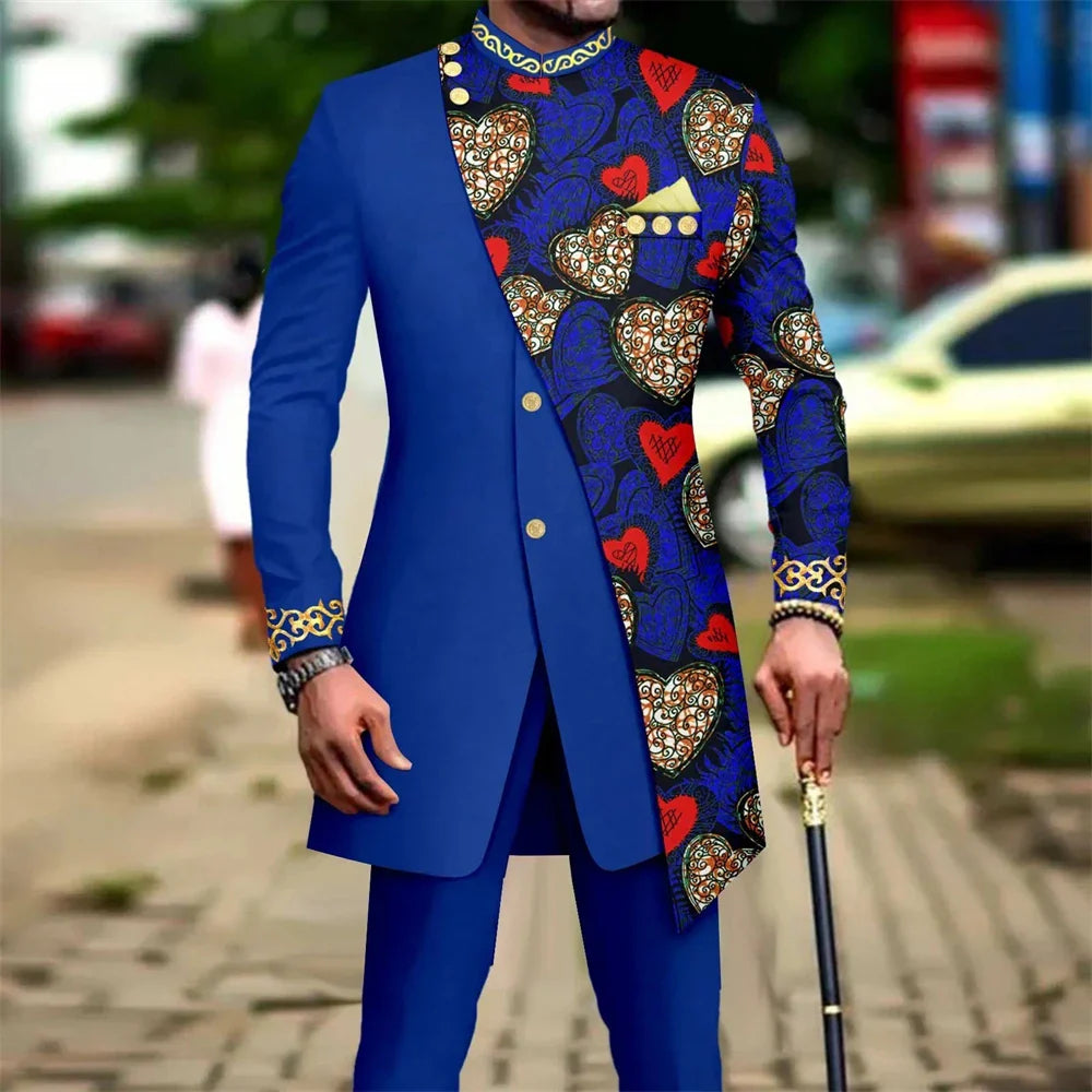 SHOWLU Men's African embroidery print suit with matching blazer and trousers, traditional and stylish for wedding attire