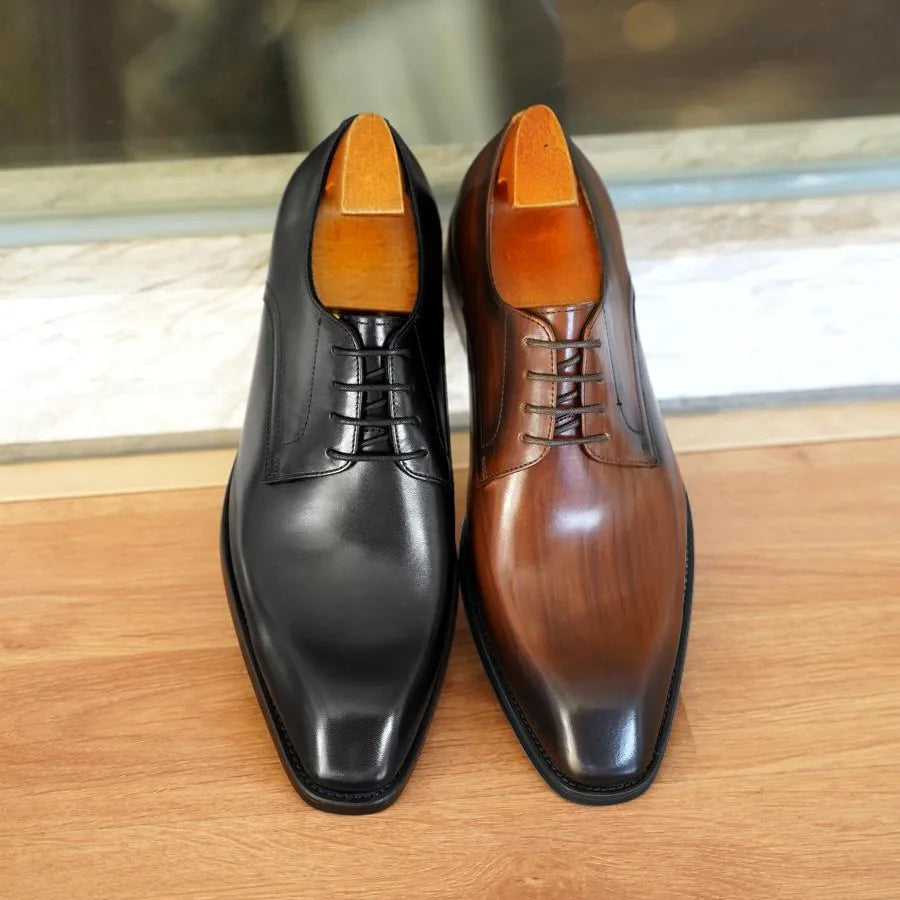 Men's business casual leather derby shoes with distressed wood grain finish, square toe, comfortable formal dress footwear.