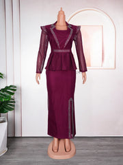 Women Fashion Celebrate Evening Party Dress Turn Down Neck Diamond See Through Long Sleeve Slim Slit Birthday Wedding Guest Robe