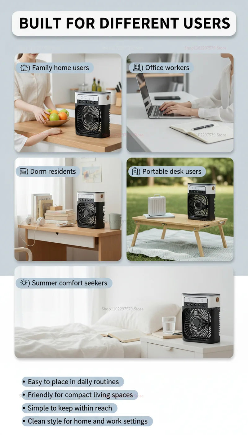Showlu Smart General portable USB air cooler fan with 3-speed settings, mini water mist humidifier, LED lights, desktop cooling fan