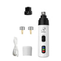 Rechargeable electric dog and cat nail grinder with USB charging, showing the grooming tool with grinding attachment on a pet paw.
