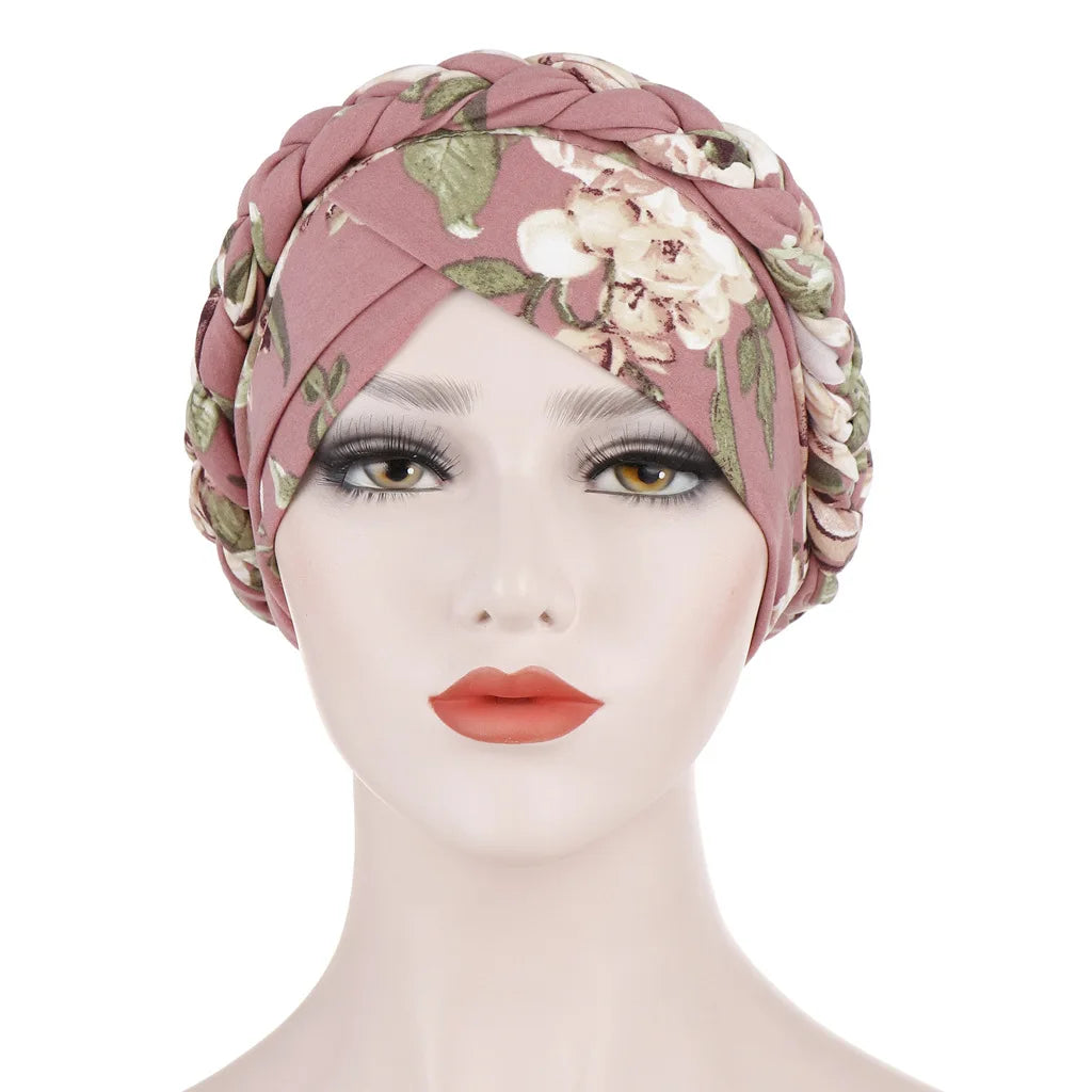 European and American print leopard hair silk scarf hat with flower accents, short braid, suitable as Muslim hijab or women’s fashion accessory
