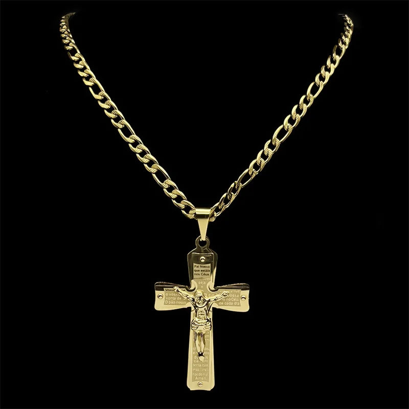 Gold stainless steel Christian Jesus cross necklace with crucifix pendant on a chain, designed for religious jewelry wear.