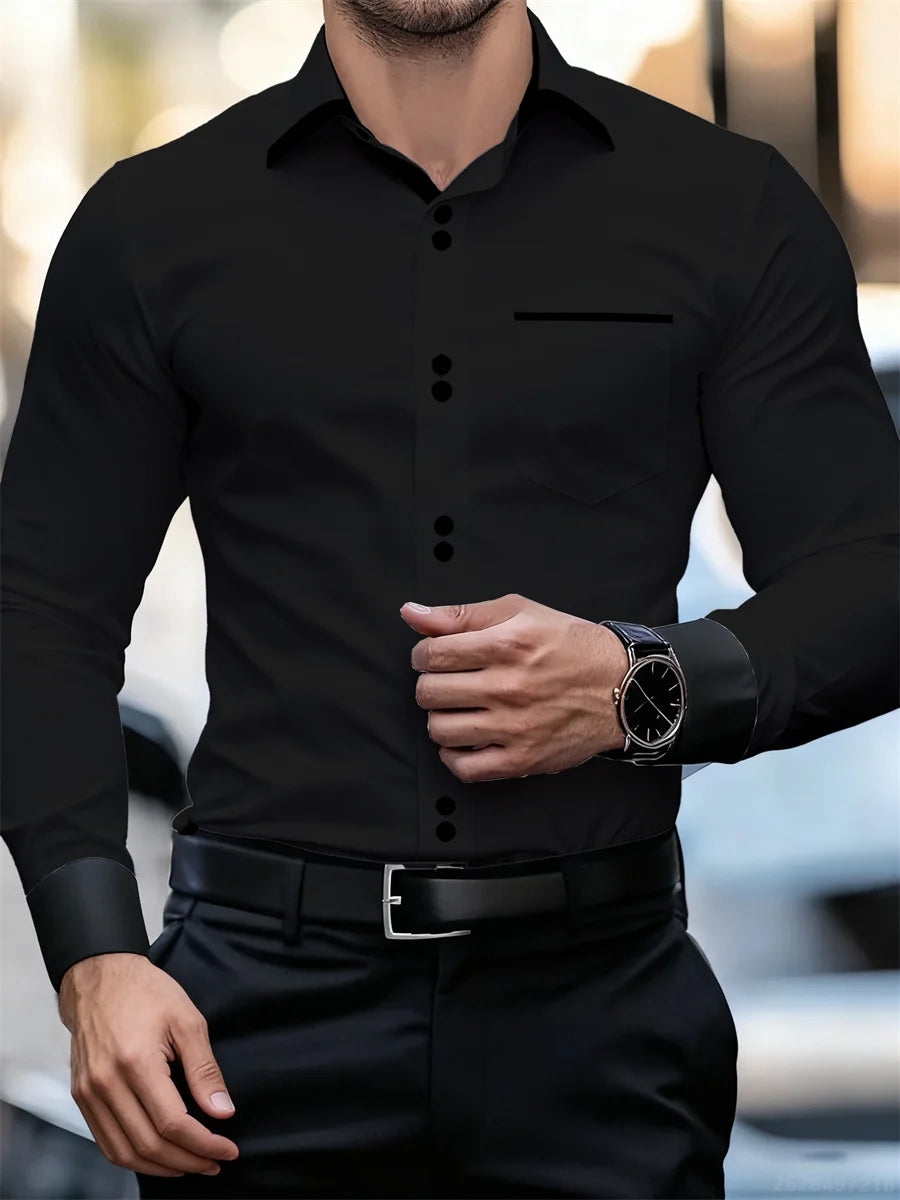 Men's black and white color block collar long sleeve slim fit shirt with patchwork design, wrinkle-free fashion top by Showlu Fashion Store