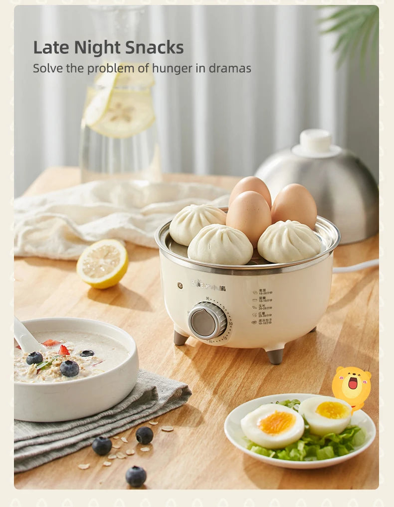 Showlu Smart stainless steel electric egg boiler with 360W power, capable of boiling 4-6 eggs, featuring a timer and compact design.
