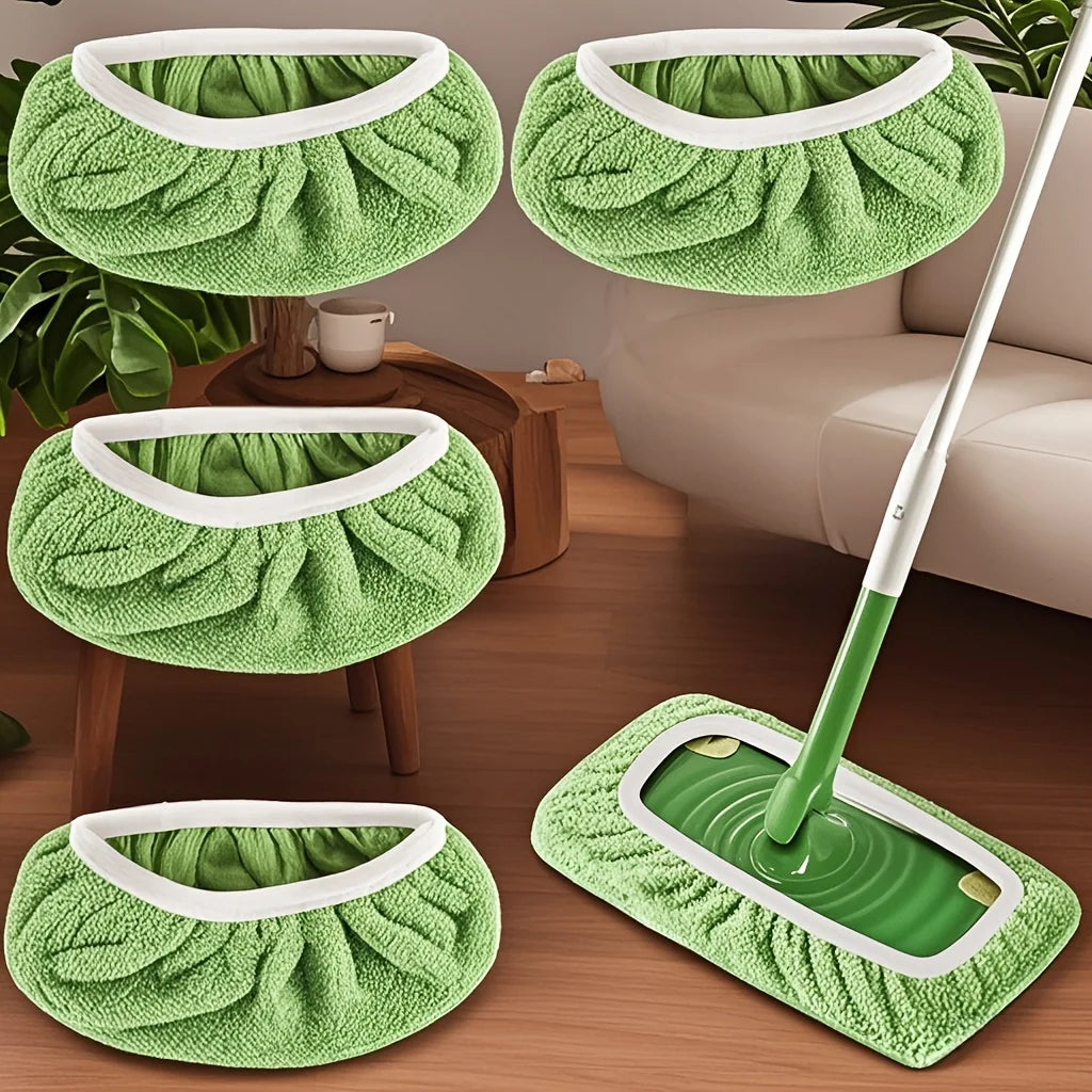 Set of four reusable Mop Pads with ultra-fine fibers, high water absorption, compatible with most standard mops for effective cleaning.