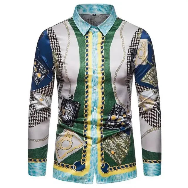 Showlu men's retro plaid long sleeve shirt with casual floral pattern, stylish dress top for everyday wear