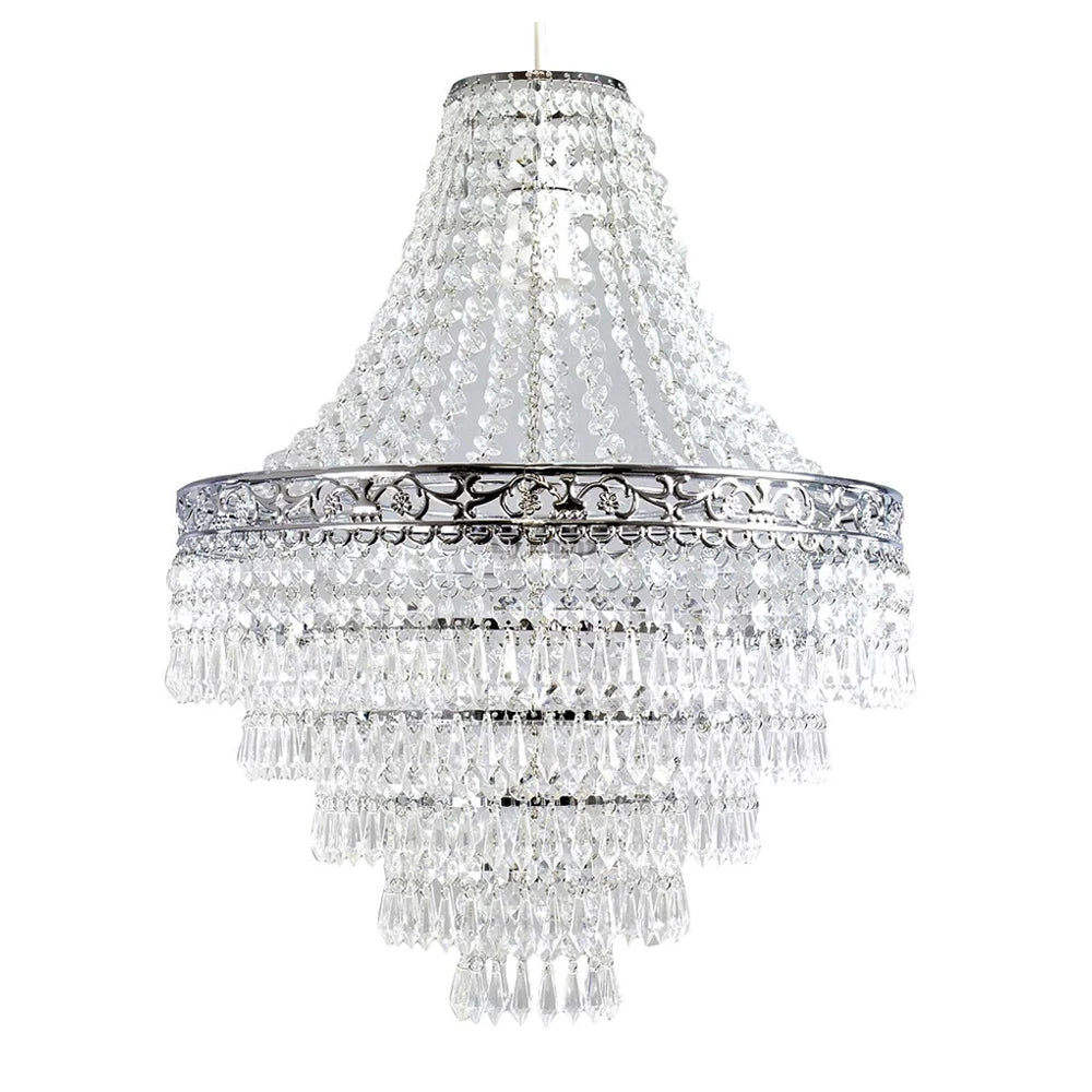 Showlu Blenheim 47cm acrylic chandelier shade with modern pendant droplets, showcasing sleek design and clear acrylic material.