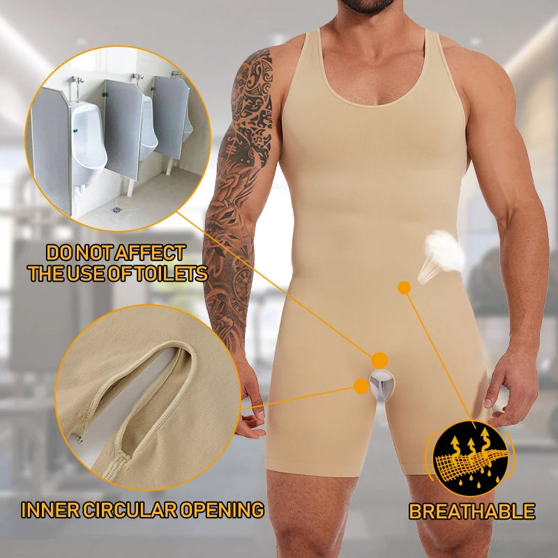 Miss Moly men's full body shaper, compression slimming shapewear bodysuit, black, seamless design for a smooth silhouette