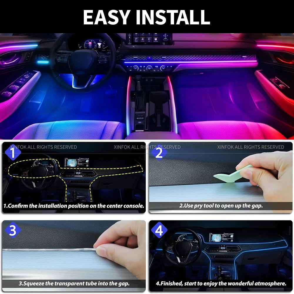 Showlu Smart General Car LED ambient lights installed inside a vehicle, showcasing colorful interior lighting effects.
