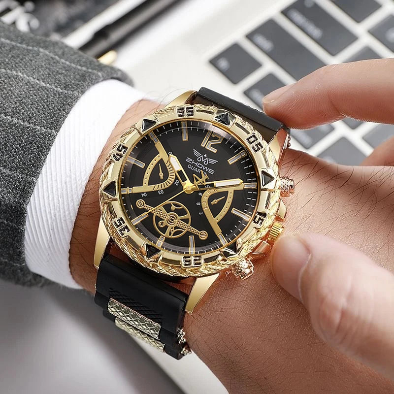 Four fashion Arabic dial men's quartz wristwatches with silicone straps, included with matching necklace set, casual business style.