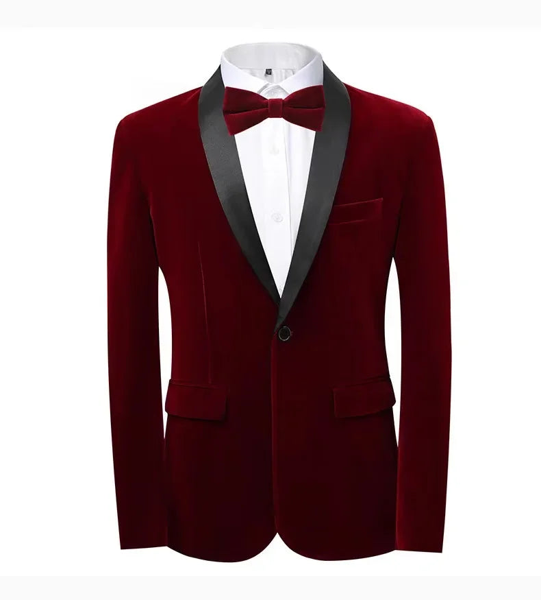 Men's velvet slim fit tuxedo 2-piece suit set featuring a tailored jacket and matching trousers in a rich velvet fabric.