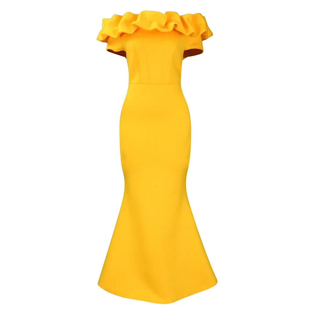 Elegant black women's off-shoulder ruffle evening gown by SHOWLU FASHION STORE, designed for slim fit and stylish party occasions.